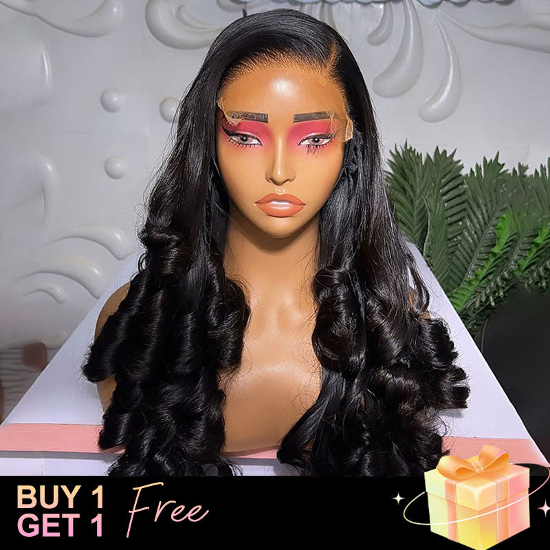(BUY 1 GET 1 Free)ZSF Customized Tip Wavy Hair HD Lace Closure Wig Virgin Hair Unprocessed Human Hair Natural Black
