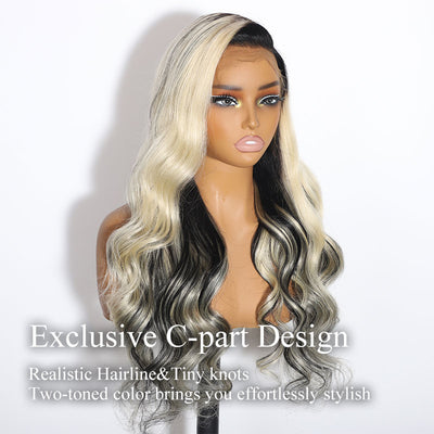 ZSF Trendy Color Ombre Blonde Mix Black Body Wave C Part Wig 613/1B 100% Virgin Human Hair
