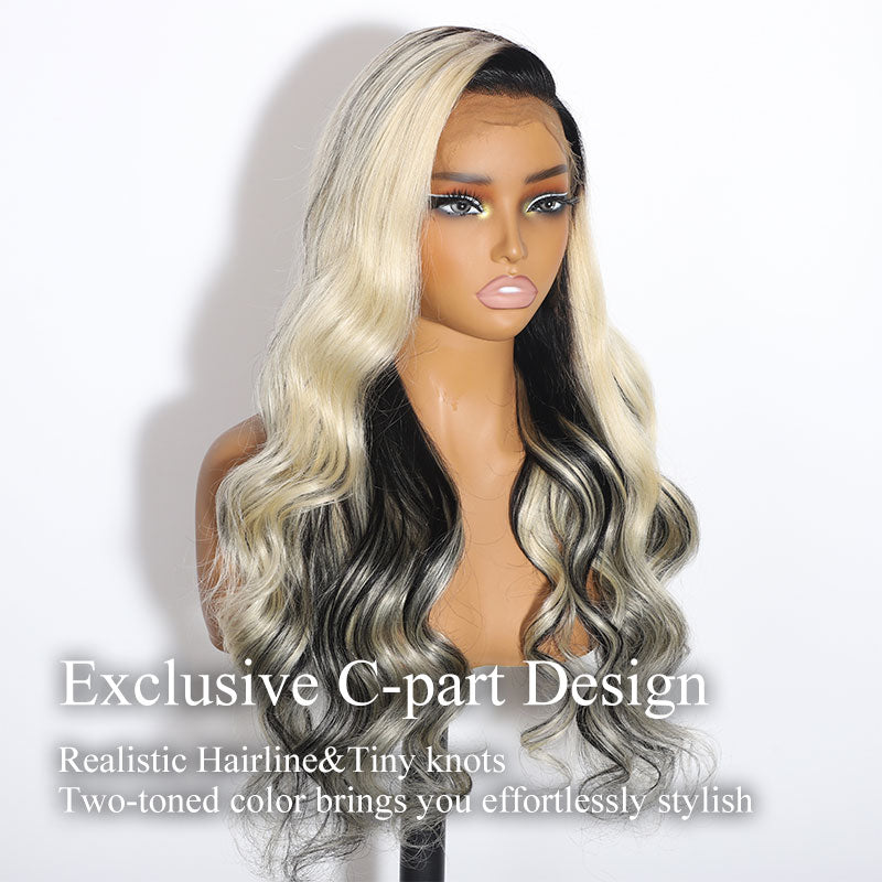 ZSF Trendy Color Ombre Blonde Mix Black Body Wave C Part Wig 613/1B 100% Virgin Human Hair