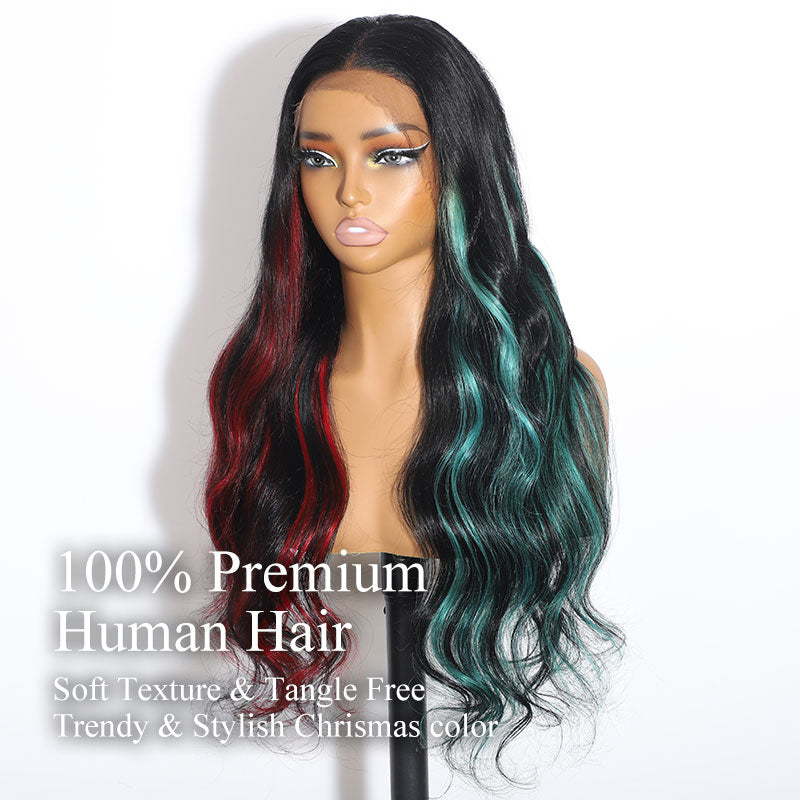 ZSF Trendy Color Black Mix Green Red Highlight Body Wave 100% Virgin Human Hair Middle Part Lace Wig