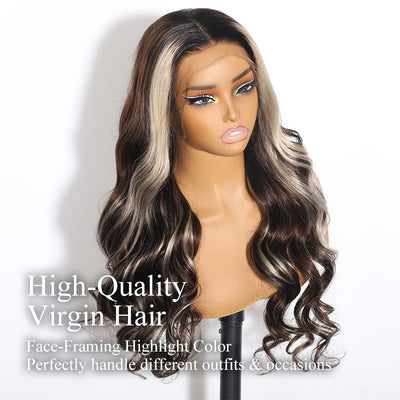 ZSF New Arrival Blonde Highlight Dark Brown Body Wave Human Hair Wavy Wig Middle Part