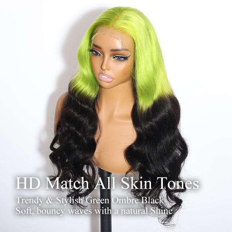 ZSF Halloween Limited|Ombre Green Black Body Wave 100% Human Hair Wavy Wig Middle Part Natural Hairline