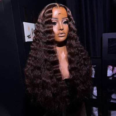 ZSF Dark Brown 2# Loose Deep Wave Lace Wig Middle Part Brazilian Human Virgin Hair