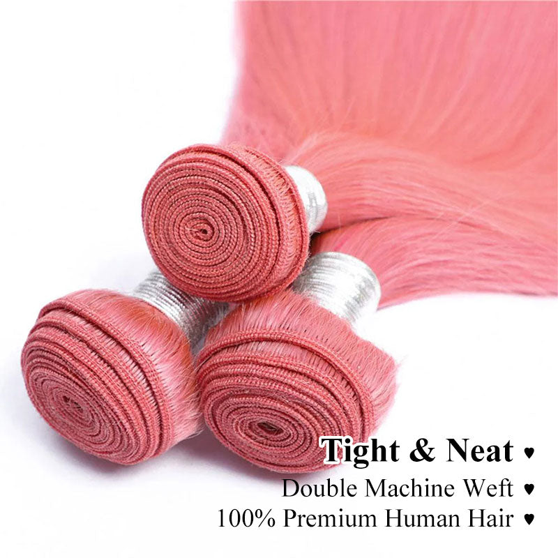 ZSF Pink Color Straight 3Bundles With Lace Frontal 100% Virgin Human H ...