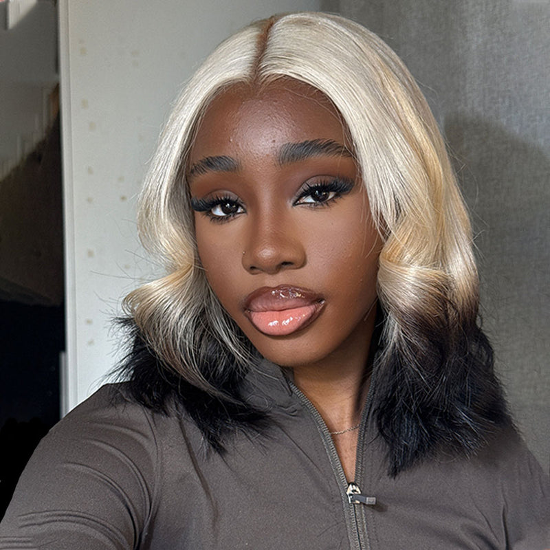 ZSF Fashion Gradient Color Ice Blonde With Black Bob Straight Virgin H ...