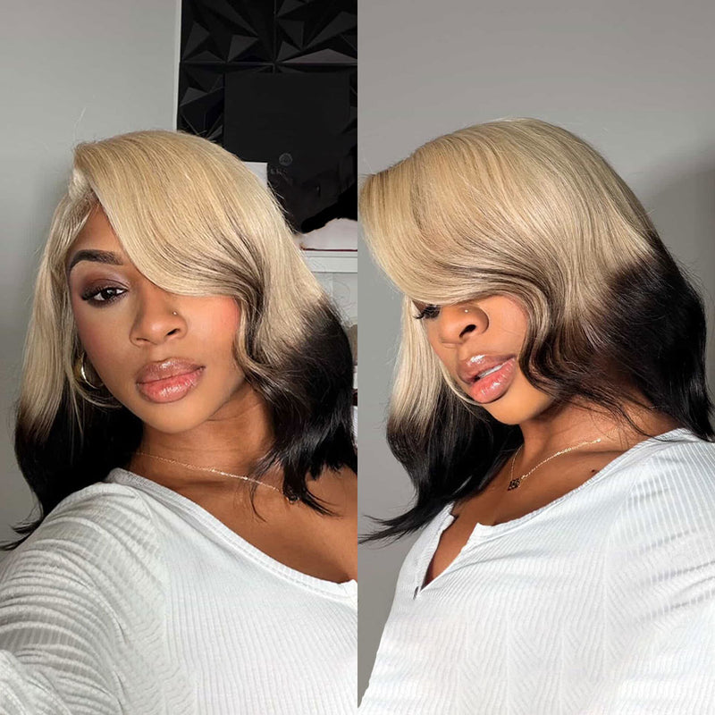 ZSF Fashion Gradient Color Ice Blonde With Black Bob Straight Virgin H ...