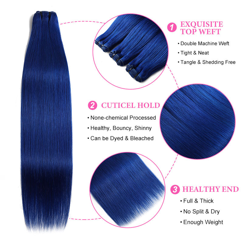 ZSF Blue Color Straight 4Bundles With Lace Frontal 100% Human Hair ...