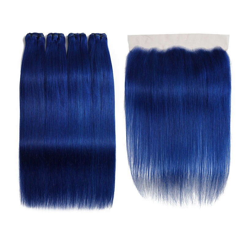 ZSF Blue Color Straight 4Bundles With Lace Frontal 100% Human Hair ...