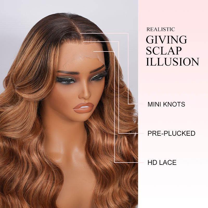 ZSF Ombre Honey Blonde Mixed Brown Highlight Body Wave Colored Wig Mid ...