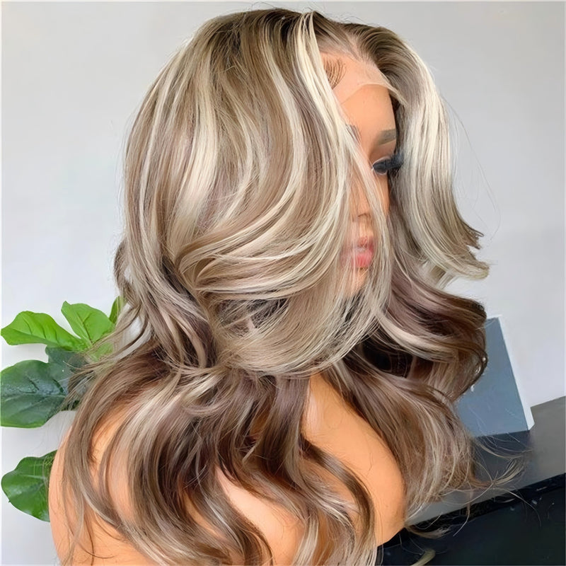 ZSF Body Wave Ash Blonde Highlight P12/613 Colored Lace Front Human Hair Wigs