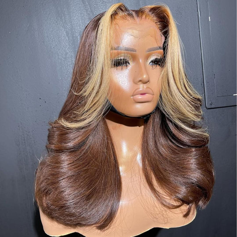 ZSF New Arrivals Brown With Honey Blonde Streaks Middle Part Body Wave Lace Frontal Human Hair Wigs