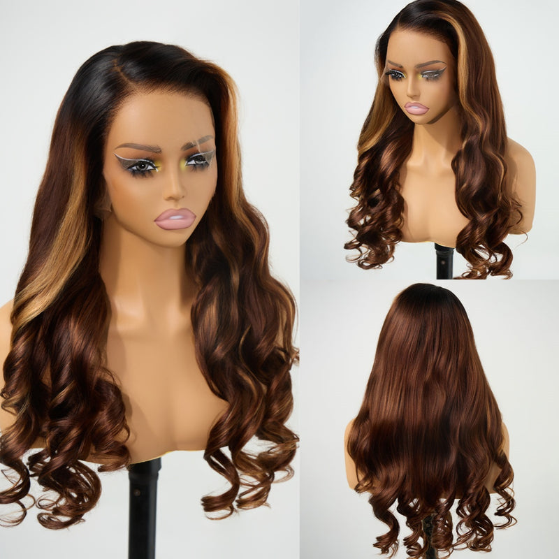 ZSF Blonde Highlight With Light Brown Loose Body Wave Black Roots Lace Wig C Part Pre-Plucked Virgin Human Hair
