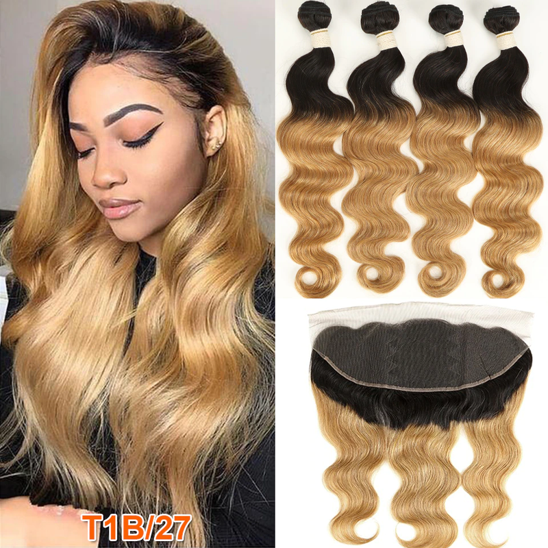 ZSF T1B/27 Ombre Blonde Body Wave Human Hair 4Bundles With Lace Frontal Brazilian Remy Hair