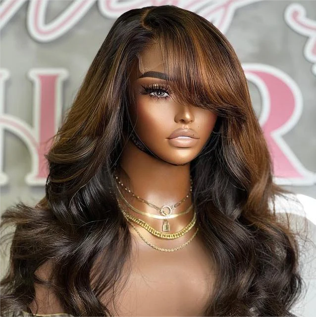 ZSF C-Part Rich Brown Color With Heavy Side Bang Wig Loose Wave Human Hair Lace Frontal Wigs