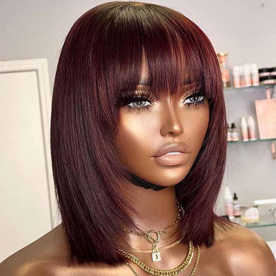 ZSF Hair Short Silky Black Straight Bob Machine Wig With Bang Human Hair Wigs