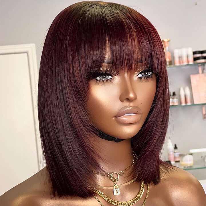 ZSF Hair Short Silky Black Straight Bob Machine Wig With Bang Human Hair Wigs