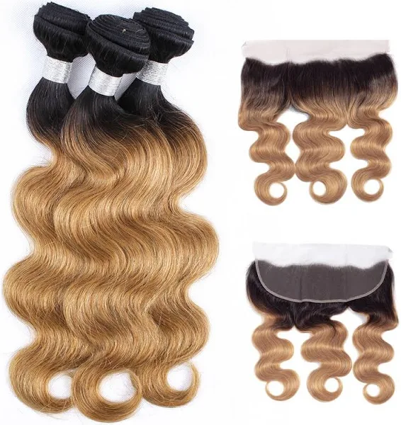 ZSF T1B/27 Ombre Blonde Body Wave Human Hair 3Bundles With Lace Frontal Brazilian Remy Hair