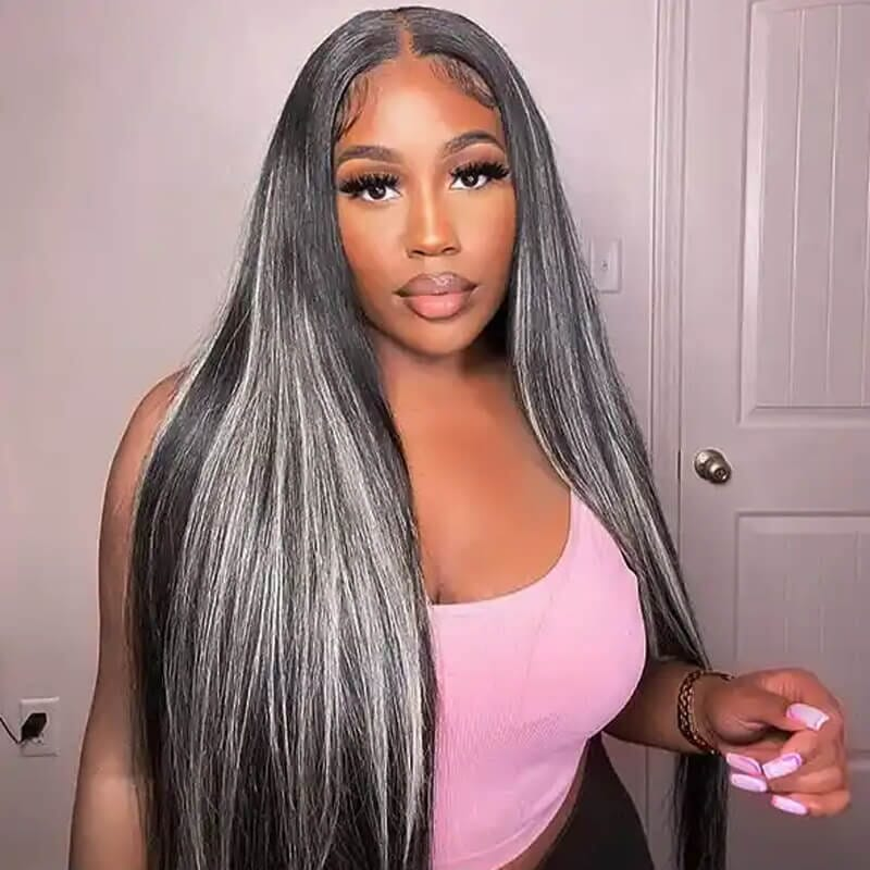 (Clearance Sale) ZSF Hair Transparent Lace 1B/Grey Straight Virgin Hair Lace Wig Frontal Human Hair