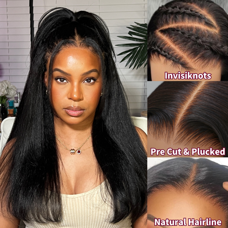 (BUY 1 GET 1 Free)ZSF 7*5 Glueless Yaki Straight HD Lace Wear Go Wig Tiny Knots Drawstring Pre-Bleached Pre-Cut Lace