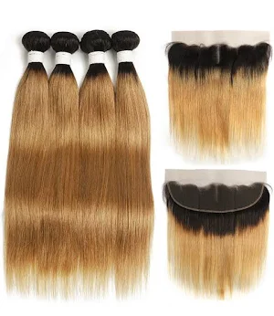 ZSF T1B/27 Ombre Blonde Straight Human Hair 4Bundles With Lace Frontal Brazilian Remy Hair