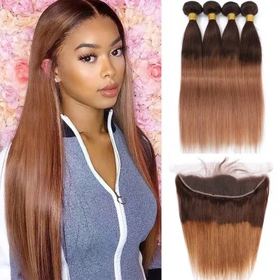 ZSF Ombre T4/30 Straight Virgin Hair 4Bundles With Lace Frontal 100% Human Hair