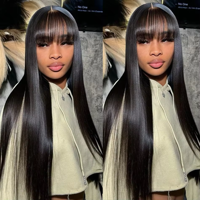 (Clearance Sale)Human Hair Wigs with Bangs None Lace Glueless Machine Made Wigs Natural Color