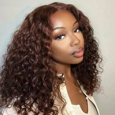 (BUY 1 GET 1 Free) ZSF Hair 4# Brown Brazilian Deep Wave Curly Wavy Lace Frontal Wig Natural Hairline Baby Hair