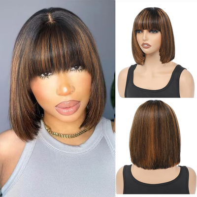 ZSF Brown Highlight 1B/30# Hair Bob None Lace Wig Layer Cut Short Bob Wig With Bang Straight Wig