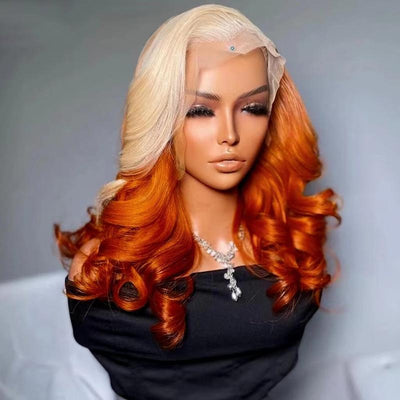 ZSF Orange Ombre Blonde Orange Lace Human Hair Wigs Pre-Plucked Middle Part 180% Density Natural Hairline