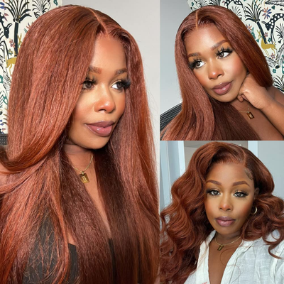 ZSF Auburn Brown #33 Yaki Straight Copper Transparent Lace Wig Pre-Plucked 100% Human Hair