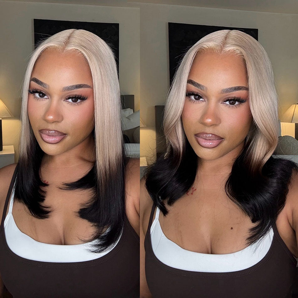 ZSF Fashion Gradient Color Ice Blonde With Black Bob Straight Virgin Hair Lace Wig Invisible Knots Hair