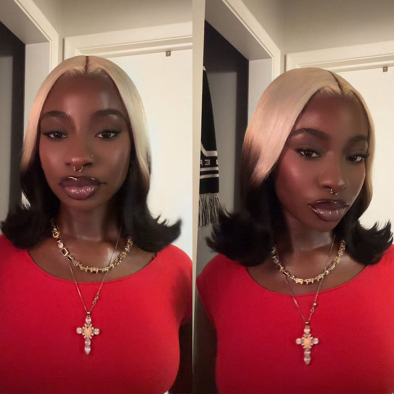 ZSF Fashion Gradient Color Ice Blonde With Black Bob Straight Virgin Hair Lace Wig Invisible Knots Hair