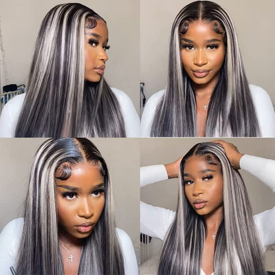 (Clearance Sale) ZSF Hair Transparent Lace 1B/Grey Straight Virgin Hair Lace Wig Frontal Human Hair