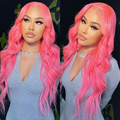 (Clearance Sale) ZSF Pink Body Wave Pre-Plucked Middle Part Lace Frontal Wig Human Hair 1Piece