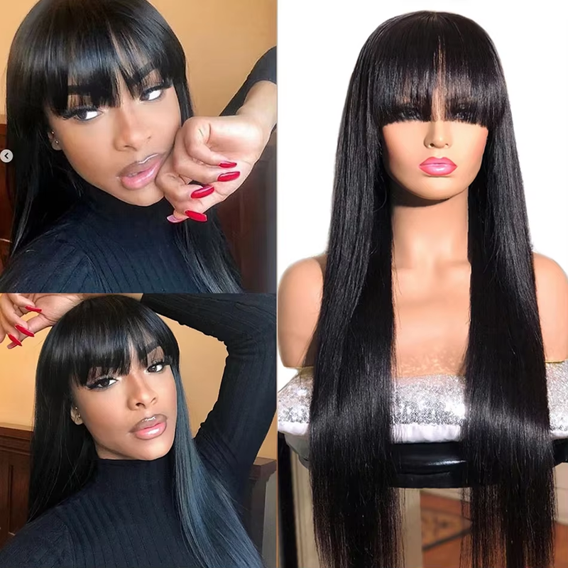 (Clearance Sale)Human Hair Wigs with Bangs None Lace Glueless Machine Made Wigs Natural Color