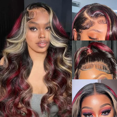 ZSF NEW Multi Color Blonde Red Highlight Body Wave Three Color Mixed Pre-Plucked Glueless Natural Hairline