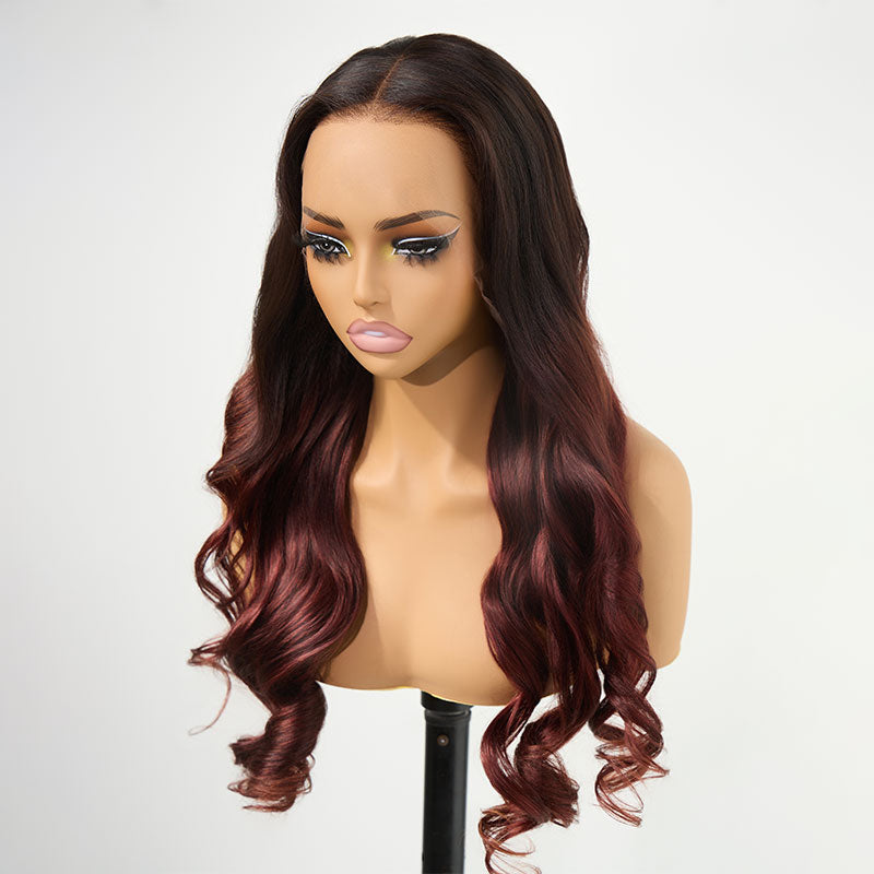 ZSF Black With Cherry Red Colored Body Wave Wig Colored 100% Human Hair Natural Hairline