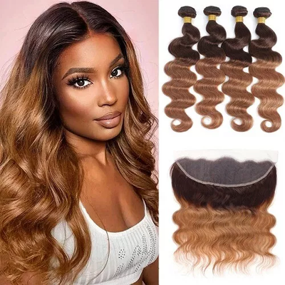 ZSF Ombre T4/30 Body Wave Virgin Hair 4Bundles With Lace Frontal 100% Human Hair