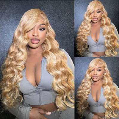 ZSF  Honey Blonde With 613# Highlight P27/613# Color Body Wave Lace Frontal Human Wig