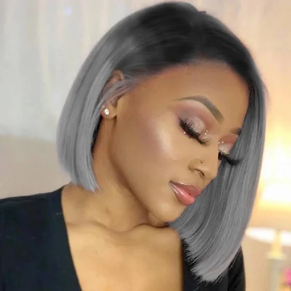 (Clearance Sale) ZSF Hair Transparent Lace 1B/Grey Straight Virgin Hair Bob Lace Wig Frontal Human Hair