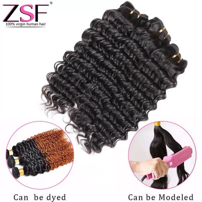 ZSF 10A Grade Hair Deep Wave Virgin Hair 3Bundles With Lace Frontal Natural Black
