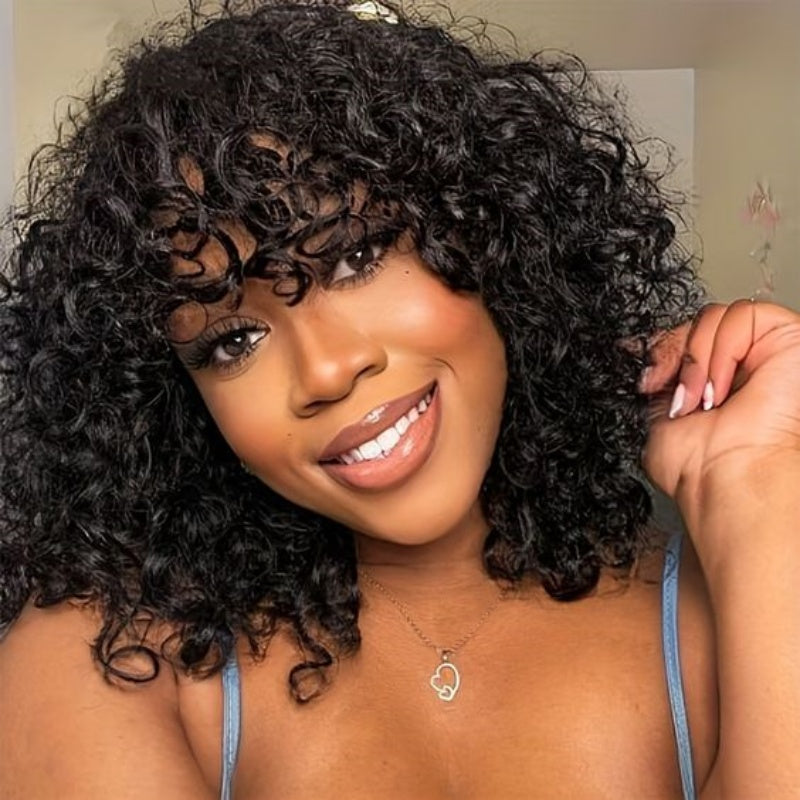 ZSF Short BoB Curly  Wig With Bangs Bouncy Curly Glueless Wear Go Bob Wigs Full Machine Made