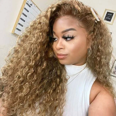 ZSF Hair Honey Blonde 27# Water Wave Lace Wig Brazilian Human Virgin Hair One Piece Clearance