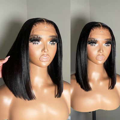 ZSF  Brown Ombre Ginger Silky C Part Blunt Cut Smooth Straight Short Bob Wig Brazilian Lace Virgin Hair 1Piece