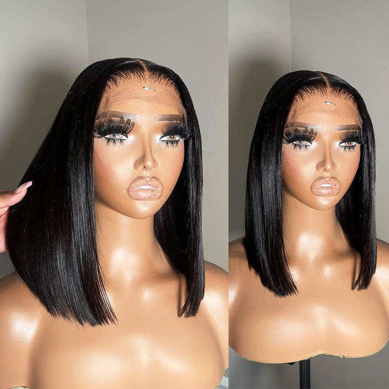 ZSF  Brown Ombre Ginger Silky C Part Blunt Cut Smooth Straight Short Bob Wig Brazilian Lace Virgin Hair 1Piece