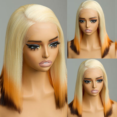 ZSF Customized Ombre Blonde Orange Brown Bob Straight Virgin Hair Lace Wig Invisible Knots Hair