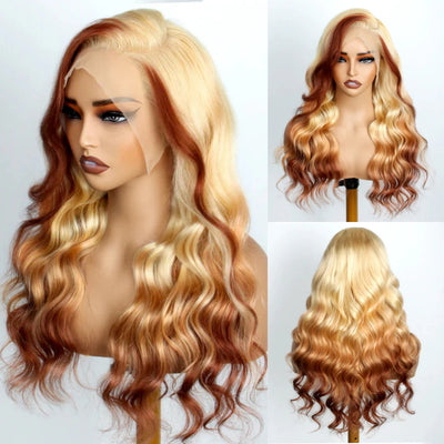 ZSF Blonde With Brown Highlight Color Body Wave HD Lace Hair Wigs Free Part Pre-plucked Natural Hairline