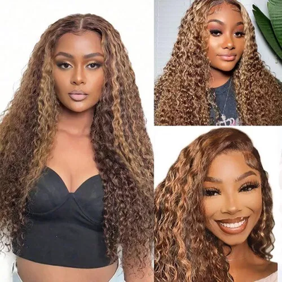 ZSF P4/27 Brown Blonde Highlight Water Wave Virgin Hair 4Bundles With Lace Closure