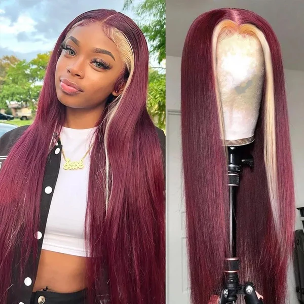 ZSF Burgundy With Blonde Skunk Stripe Highlight Body Wave Lace Frontal Colored Hair Pre-Plucked Natural Hairline