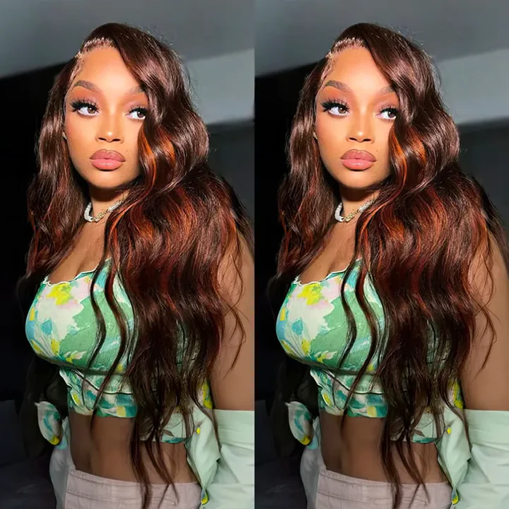 ZSF Ginger Highlight Brown Body Wave Lace Front Wigs Brazilian Human Hair Pre Plucked